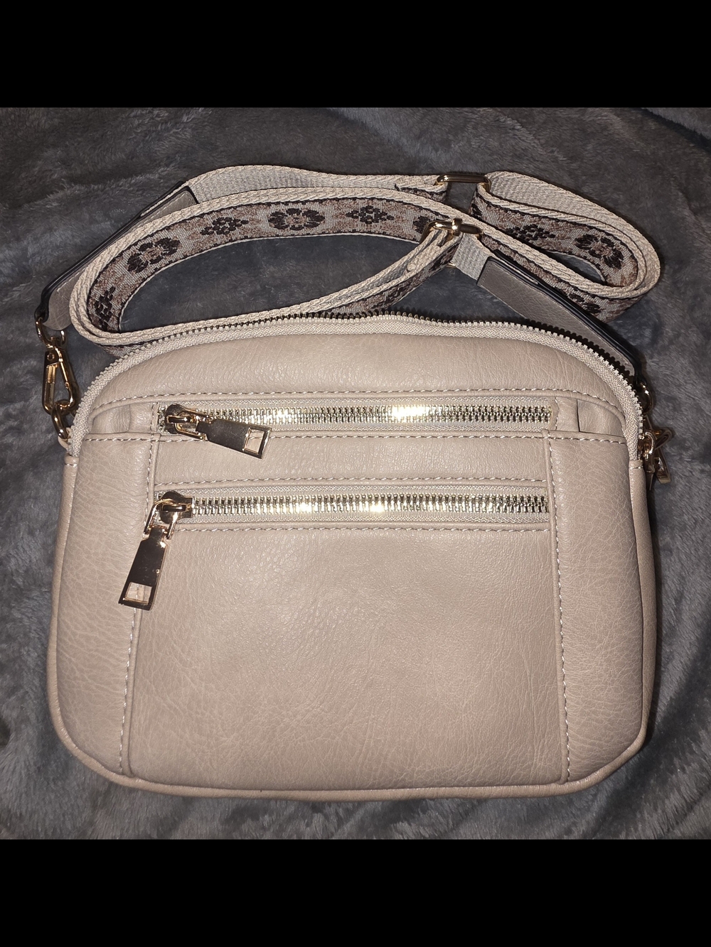 Beige Crossbody Bag with Floral Strap - Classic Everyday Shoulder Bag